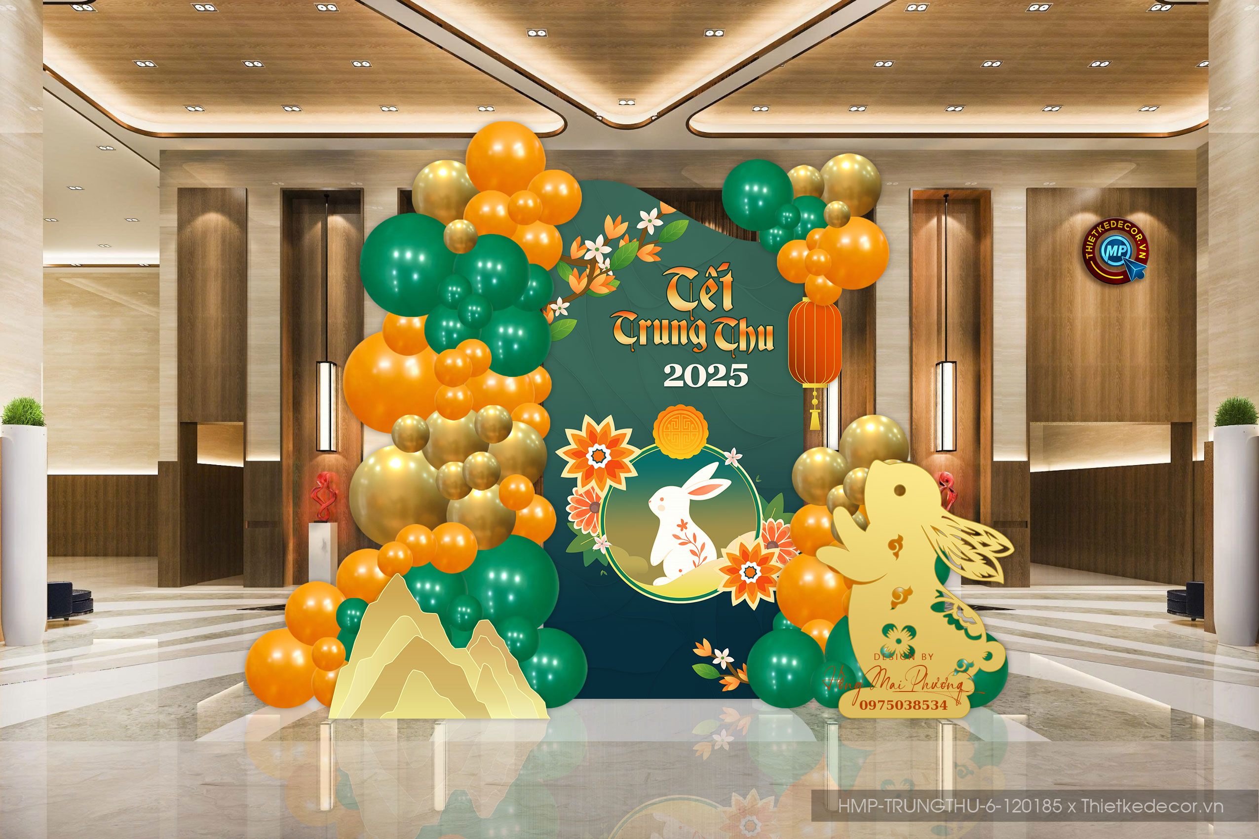 File thiết kế Trang trí Trung Thu tone xanh lá mix cam- Thỏ đón trăng- phù hợp khu vực đại sảnh Mall, Chung cư, Nhà Hàng, Khách Sạn Sang trọng